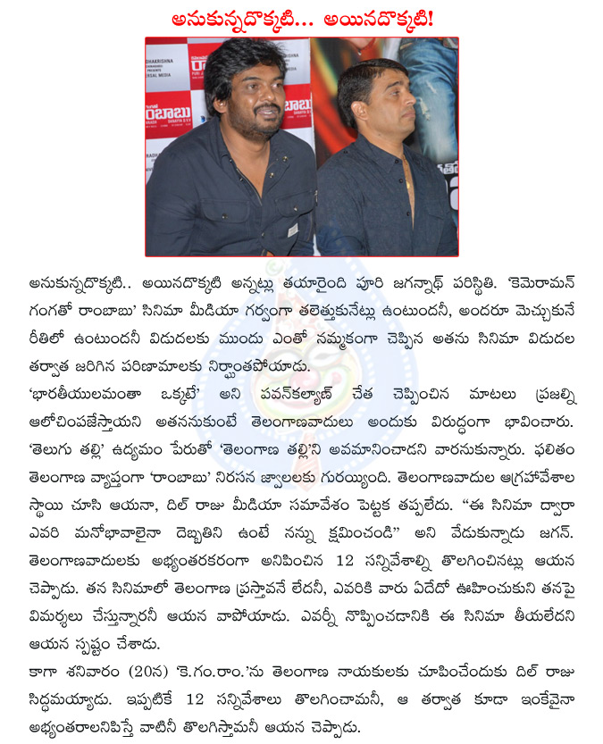 puri jagannadh,puri jagannath,cameraman gangatho rambabu,cgr,puri jagannadh says sorry,telangana activists,telangana agitation,dil raju  puri jagannadh, puri jagannath, cameraman gangatho rambabu, cgr, puri jagannadh says sorry, telangana activists, telangana agitation, dil raju